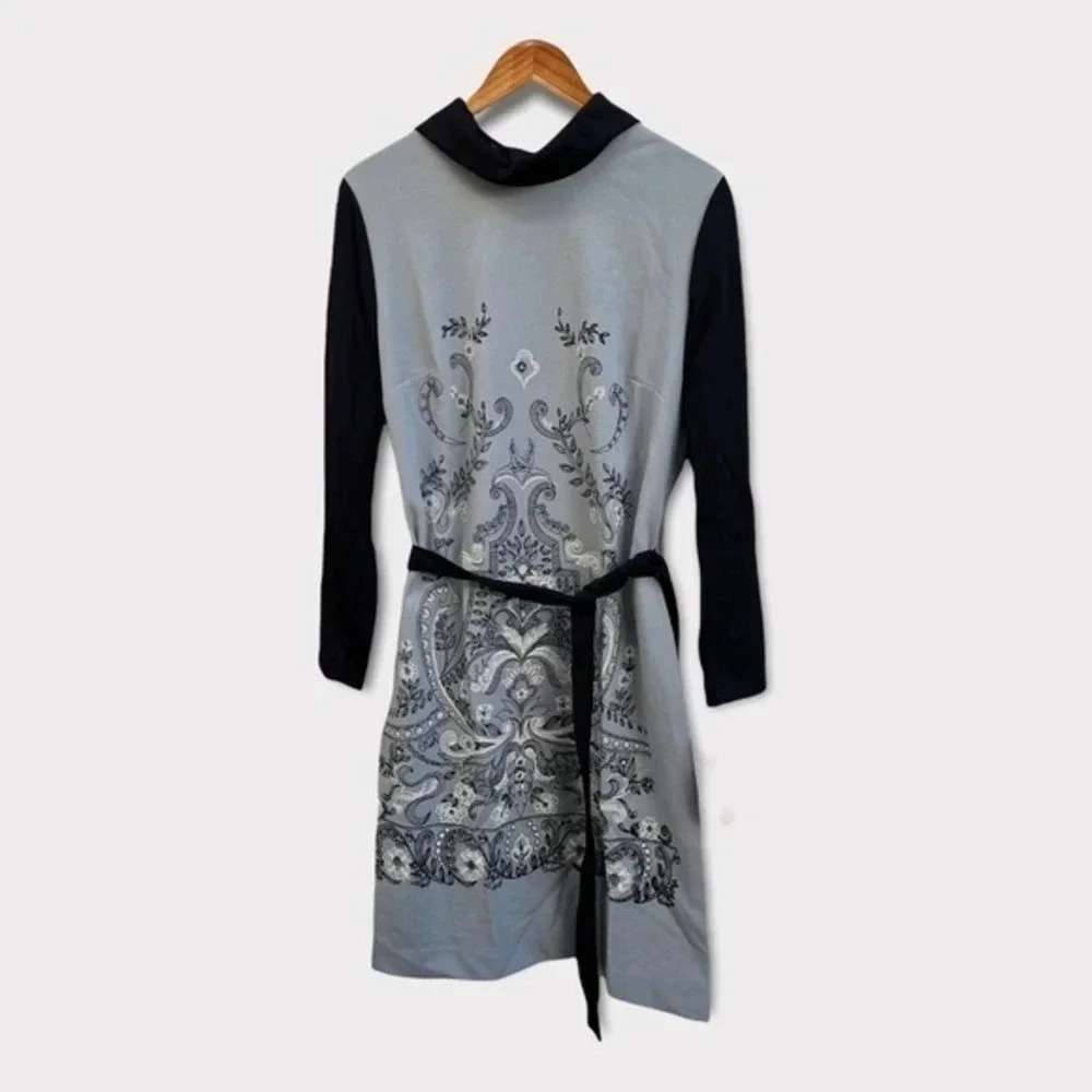 Vintage 1970s Palisade Double Knit Polyester Dress Gray Black Print‎ Belt Sz 18‌